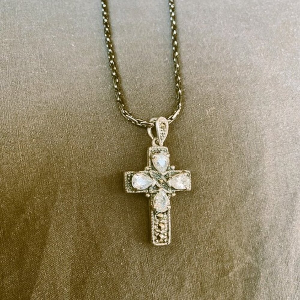 Sterling Silver Cross Pendant with CZ & Marcasite Pendant & Chain